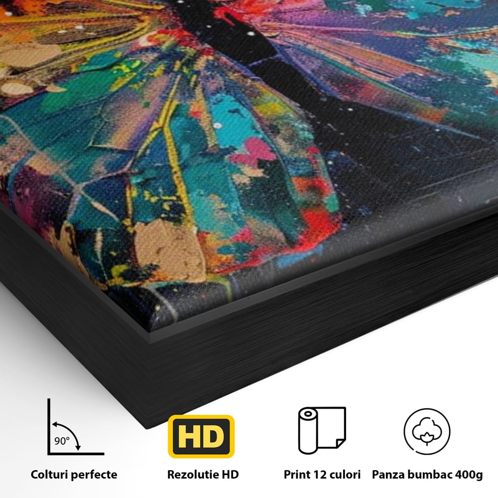 Detaliu al suprafetei: tablou canvas cu fluture multicolor, in rama de aluminiu negru